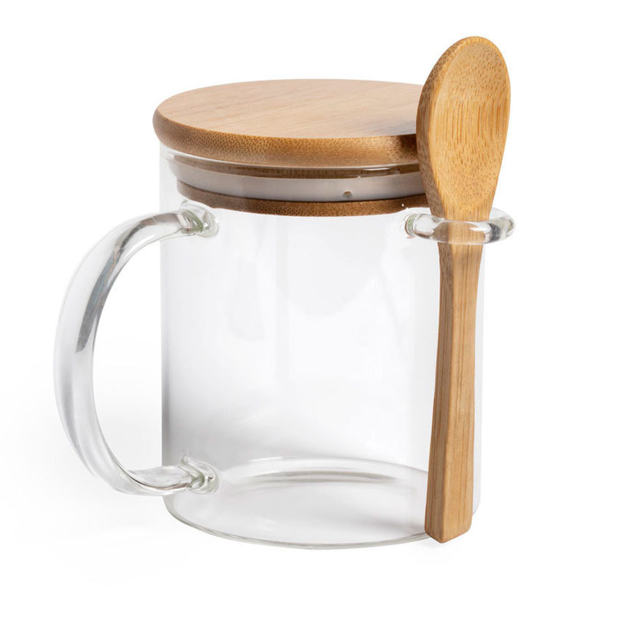 Кружка KIPAL, боросиликатное стекло, бамбук, прозрачный
