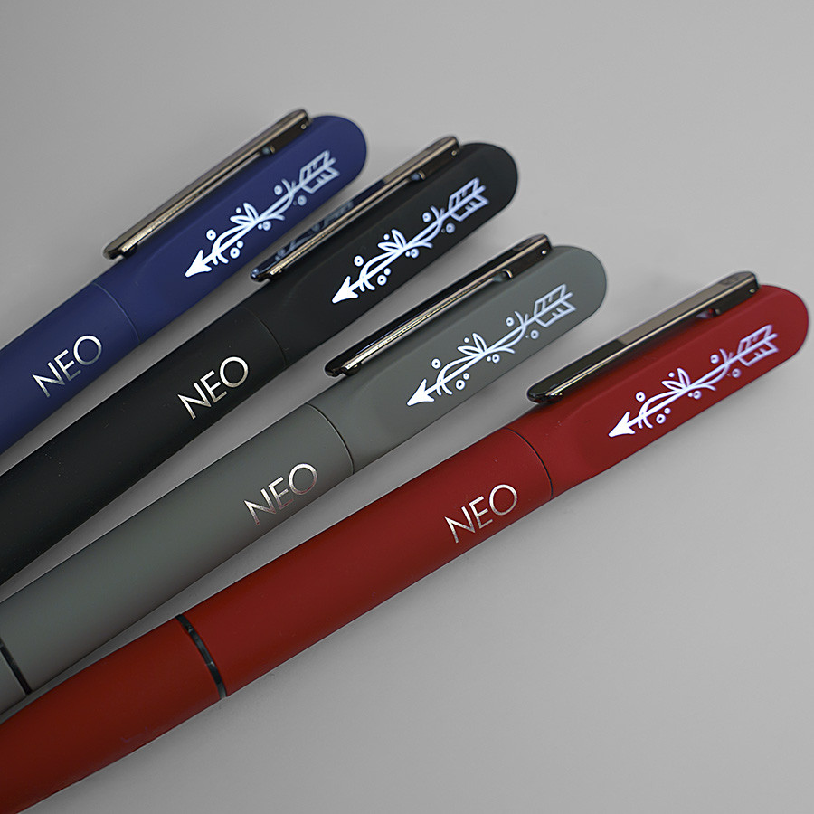 Ручка шариковая NEO с подсветкой после гравировки, soft touch, красный, серый