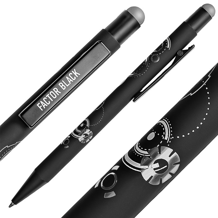 Ручка шариковая FACTOR BLACK со стилусом, черный, зеленый